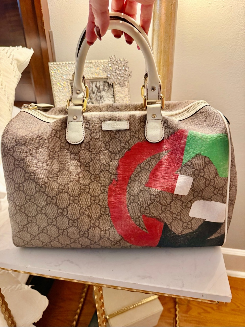 GUCCI Guccisima, hint of sparkle GG Supreme painted beige canvas Boston Bag
